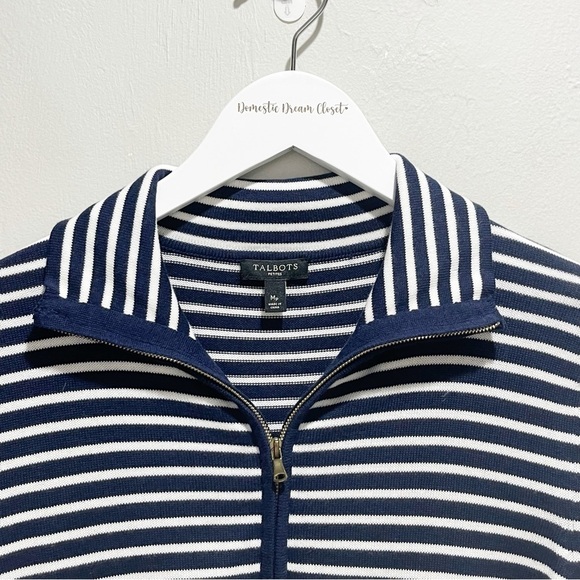 TALBOTS Women’s Petite Blue White Striped Full Zip Cardigan Sweater High Neck MP - Picture 3 of 5
